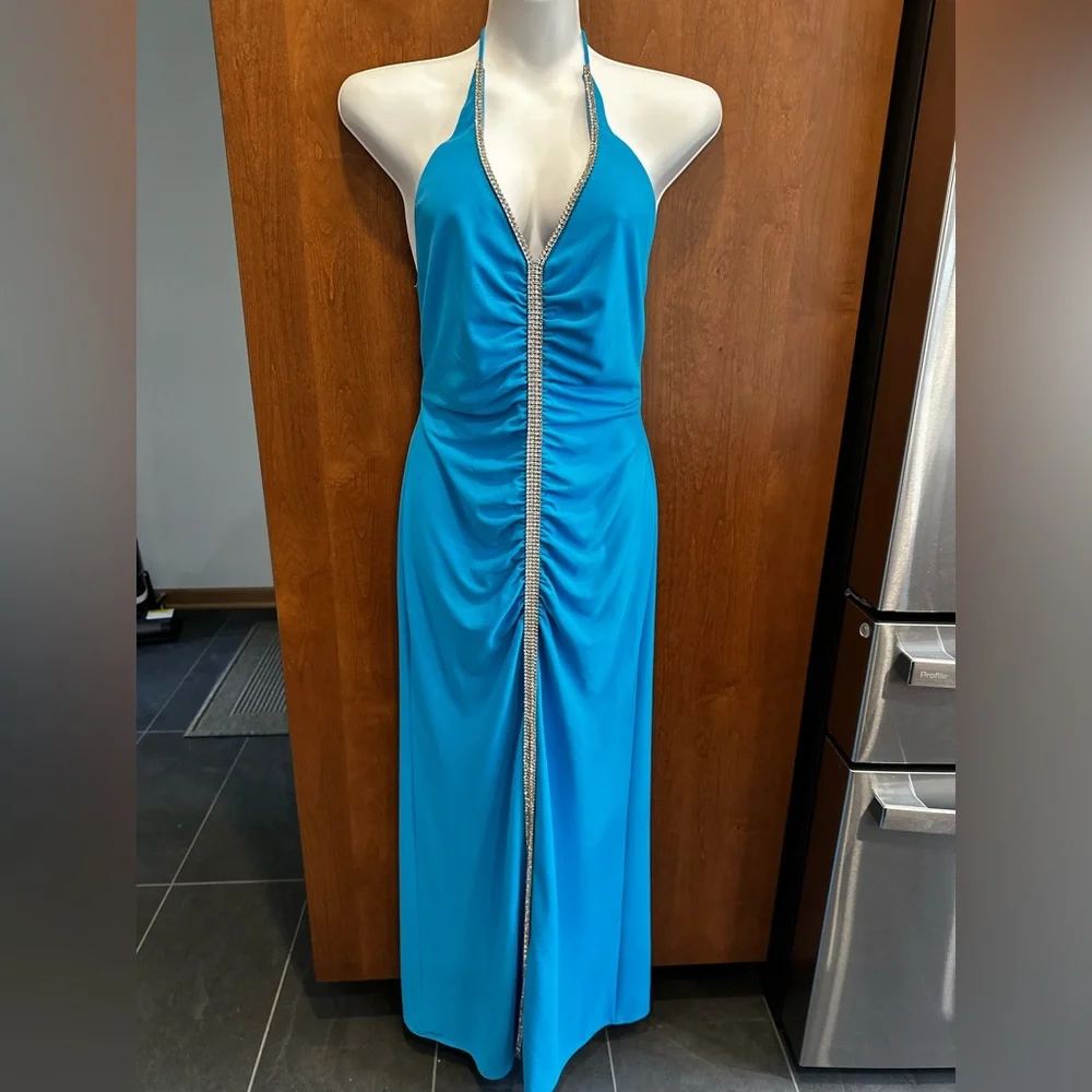 Vintage Y2K Prom Betsy & Adam Turquoise Halter Ruched Gown with Rhinestones - Picture 1 of 5